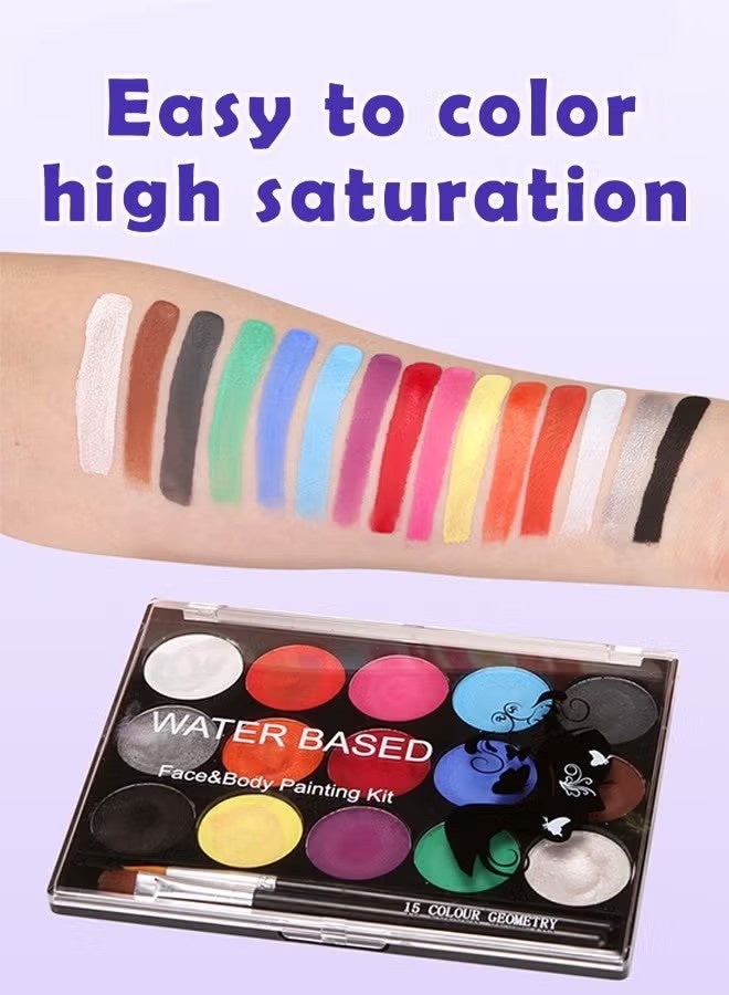 Face Painting Kit for Kids - 15 Color Large Water Based Makeup Paints with Stencils, 2 Brushes, Makeup Kit, Safe Professional Body & Face Paint Kit - Image 3